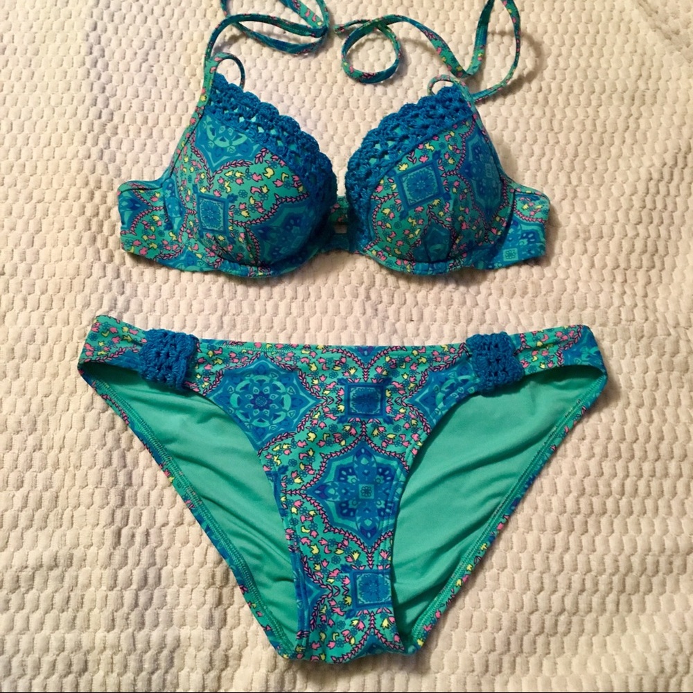 Teal Printed and Crocheted Aerie Push-up Bikini